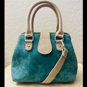 Hi-Di-Hi Vegan Leather ColorBlock Teal Grey Bowling Bag Purse